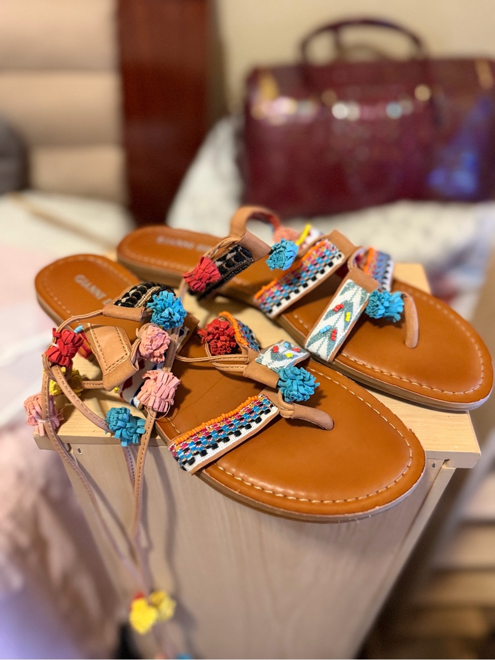Boho Pom Pom Leather Toe-Post Sandals in Tan and Multicolor